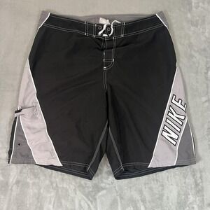 Nike Shorts Mens 34 Black Gray Boardshorts Swim Trunks Lace Up Logo‎ Side Pocket